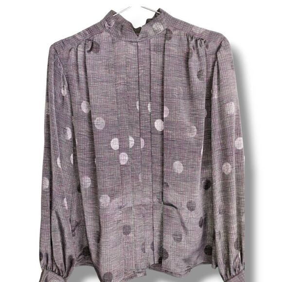 Vintage 80s Womens Top Sz Large Silky Poly Button Back‎ Puffed Long Sleeves Mock - Picture 1 of 9